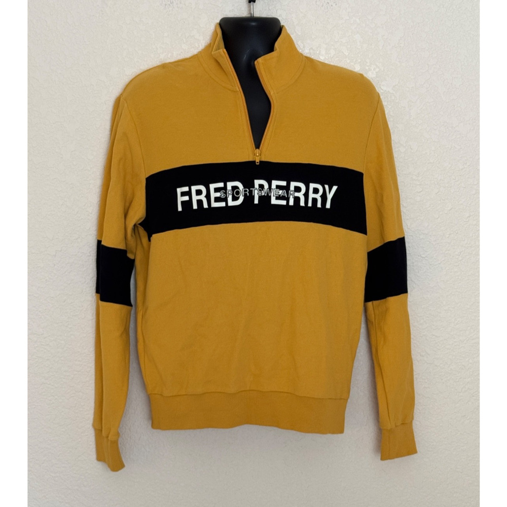 RARE FRED PERRY Big Logo Half Zip Sweatshirt Marigold Yellow Blokecore Medium